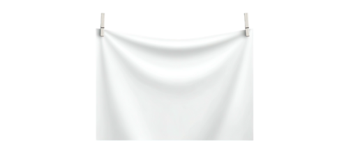 A plain white rectangular fabric is suspended by two clothespins, hanging on a string