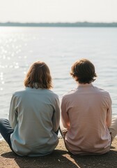 Two friends sitting together by a lake from a back view. Young couple relaxing and enjoying the scenery. Companionship and contemplation concept
