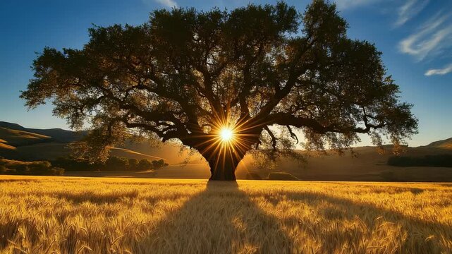 A solitary majestic tree in a golden wheat field, sun bursting through branches