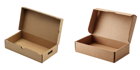 Two Open Brown Cardboard Boxes for Packing and Shipping Supplies isolated on transparent background.