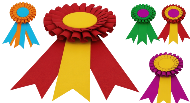 Isolated array of rosette awards for recognition, honor, or achievement, festive colorful