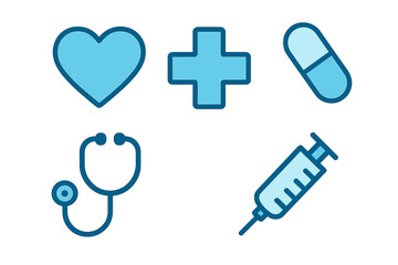 Obraz premium Essential medical icons set featuring heart, cross, capsule, stethoscope, and syringe