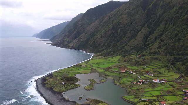 Aerial View of Faj&atilde; dos cubres and da Caldeira de Santo Cristo, S&atilde;o Jorge Island, Azores