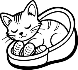   Cat sleeping inside shoe, Vector line art icon, Black And White  white background
