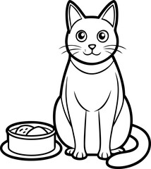 Cat sitting next to empty food bowl , Vector line art icon, Black And White  white background
