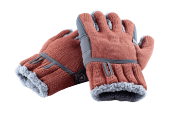 Pair of textured knit gloves with grey accents and fuzzy lining isolated on a transparent background