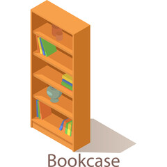 Orange Wooden Bookcase with Books and Vases Displayed on Shelves Isometric View with Shadow on Transparent Background