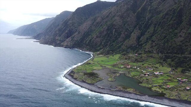 Aerial View of Faj&atilde; dos cubres and da Caldeira de Santo Cristo, S&atilde;o Jorge Island, Azores