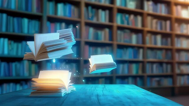 Floating book pages reveal magical reading experience against blurred library backdrop, illuminated by sparkling light particles on rustic blue wooden surface.