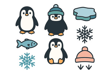 Naklejka premium Adorable cartoon penguins, snowflakes, fish, and warm hats in a winter themed collection