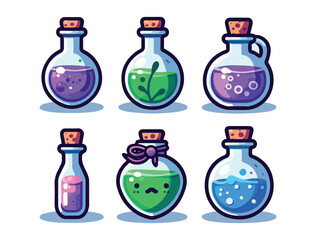 Cute Magic Potion Vector Set – Colorful Bottles with Blue, Green, and Purple Elixirs