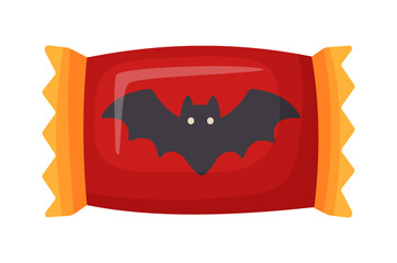 Halloween candy with bat in bright wrapping. flat vector style. festive decorative candy. Halloween, spooky October holiday. trick or treat night. for project, party invitation, poster, greeting card,