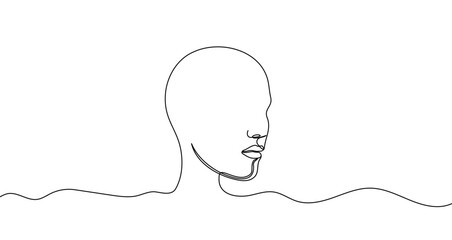Human head in profile in one line art style. Head drawing with editable black stroke on white background. Vector illustration.