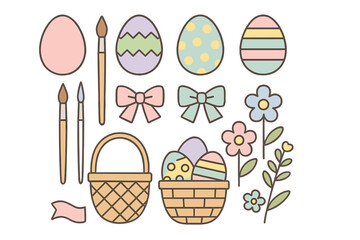Fototapeta premium Collection of pastel Easter eggs, baskets, paint brushes, bows, and spring flowers