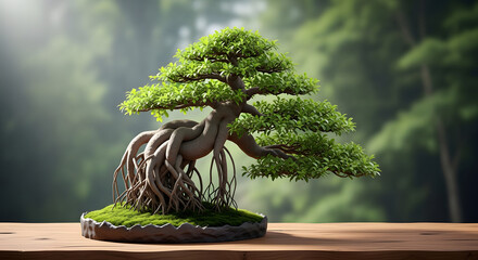 Exquisite Bonsai Tree with Exposed Roots and Lush Green Foliage.