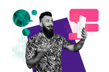 Composite trend artwork sketch collage of copyspace monochrome young man hand hold smartphone proclaim speech cloud video selfie vlog