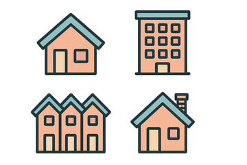 Fototapeta premium Colorful residential and commercial building icons for real estate and urban development