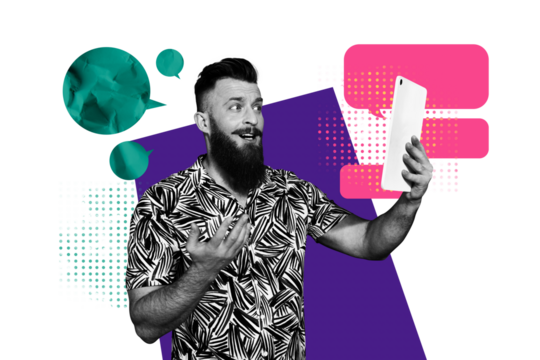 Composite trend artwork sketch collage of copyspace monochrome young man hand hold smartphone proclaim speech cloud video selfie vlog