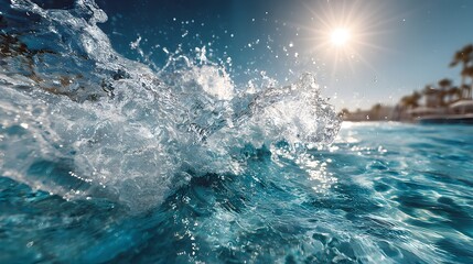 Fototapeta premium Refreshing, high-speed photograph capturing a dynamic water splash in a clear blue swimming pool under the very bright and warm summer sunlight.