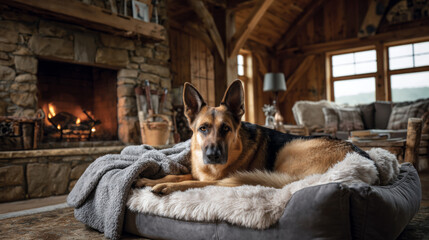  A majestic German Shepherd relaxing on an elegant dog bed in a rustic cabin, surrounded by warm blankets and a cozy fireplace, creating an inviting atmosphere. 