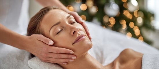 Young woman enjoys a calming facial treatment at a spa, with hands of a massage therapist applying soothing techniques. Skincare routine. Christmas and New Year greetings. Beauty Salon. Wellness, spa