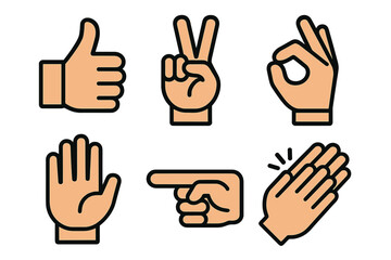 Popular human hand gestures collection including thumbs up, peace sign, OK symbol, pointing, and clapping