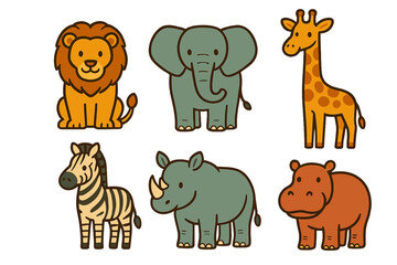 Naklejka premium Cute cartoon set of six African safari animals: lion, elephant, giraffe, zebra, rhinoceros, and hippopotamus
