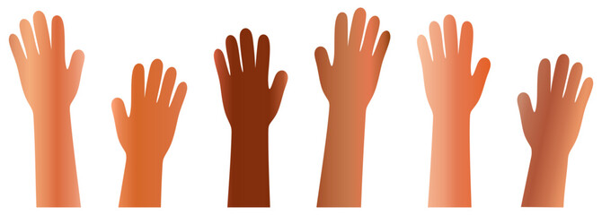 Hands raised up. raised cartoon hands in various skin tones. Many arms. Unity, diversity and support, vote and multiculturalism. Teamwork soft render vector concept