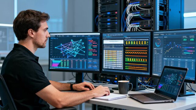 Concentrated IT specialist examining complex data visualization and network connectivity patterns on multiple monitors within high-tech server environment - Powered by Adobe