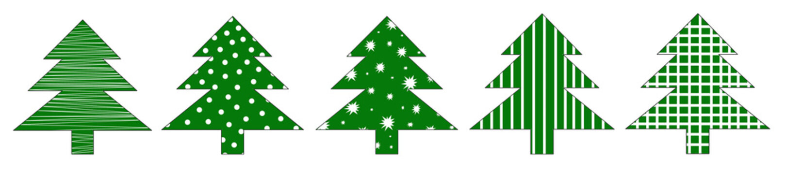 Christmas tree clipart set &mdash; green patterned fir trees, minimal vector design, holiday decoration elements