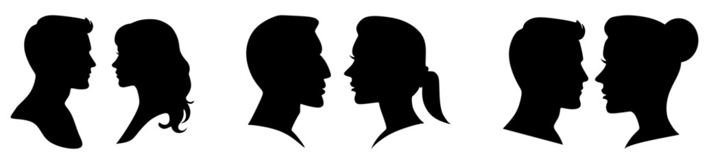 Man and woman silhouette face to face. Male and female heads facing each other. Romantic young couple. Love, passion and relationship, dating, wedding concept. Minimal vector isolated illustration