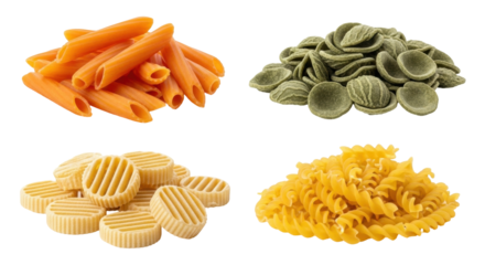 Isolated piles of pasta shapes, including penne, orecchiette, rotini and ribbed medallions