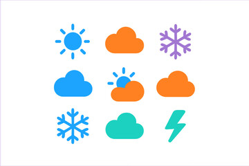 Obraz premium Colorful weather forecast symbols including sun, clouds, snowflakes, and lightning bolt icons