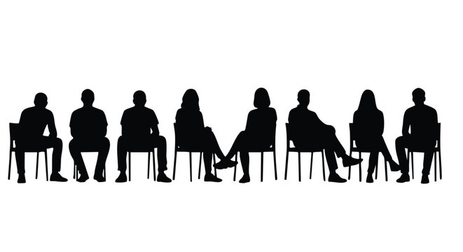 A diverse group of silhouettes of people sitting on chairs, showcasing various postures and genders against a white background.
