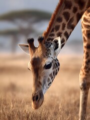 A tall giraffe with distinctive spots gracefully grazes on acacia leaves in a sunlit African savannah