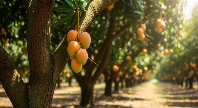 A bunch of ripe mangoes hanging from a tree in a sunny orchard. Close-up of fresh tropical fruit on a farm during harvest. Natural food and agriculture concept