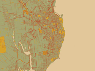 Fototapeta premium Decorative flat city map of Odesa, Ukraine using earthy sage background with rust roadways and ochre details.