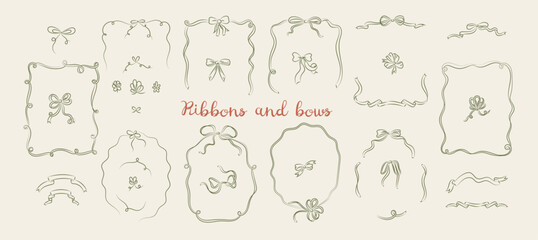 Green knotted bows and ribbon hand drawn sketch frames, empty blank borders set in grunge style