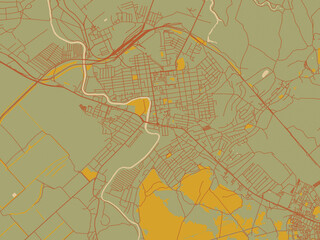 Fototapeta premium Minimalist flat city map of Pavlohrad, Ukraine with muted sage base, rust-colored roads, and soft ochre highlights.