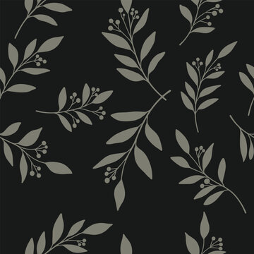 A dark patterned background with repeating sprigs of leaves and berries.