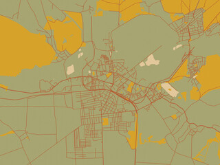 Vector-style flat map of Shostka, Ukraine with muted sage base, rust-colored roads, and soft ochre highlights.