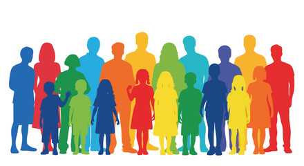 A diverse group of people of various ages and sizes, depicted as colorful silhouettes against a white background.