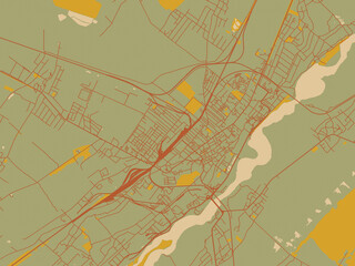 Naklejka premium Modern flat map poster of Stryi, Ukraine in sage/olive tone field with rust networks and ochre shapes, cream water.
