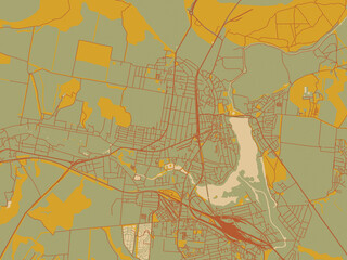 Graphic flat color map of Smila, Ukraine in sage green ground with rust-red roads and ochre accents.