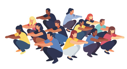 A diverse group of people performing squats in unison, demonstrating a group fitness activity or exercise class.