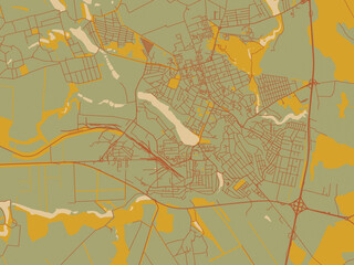 Vector-style flat map of Uman, Ukraine with sage green ground with rust-red roads and ochre accents.