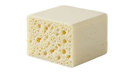 Isolated block of sponge cube shape, porous surface texture, beige color, household cleaning