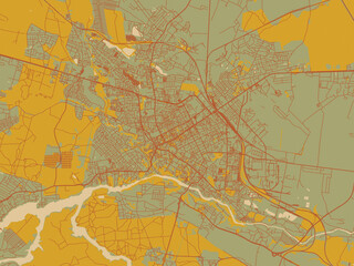 Obraz premium Minimalist flat city map of Zhytomyr, Ukraine with sage green ground with rust-red roads and ochre accents.