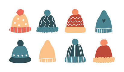 Set of cartoon winter hats. Vector collection of hats