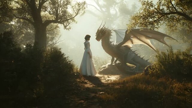 A vivid portrayal of a woman and a dragon in a serene forest setting. The woman, dressed in a flowing white gown, stands with her back to the viewer, her gaze directed towards the dragon.